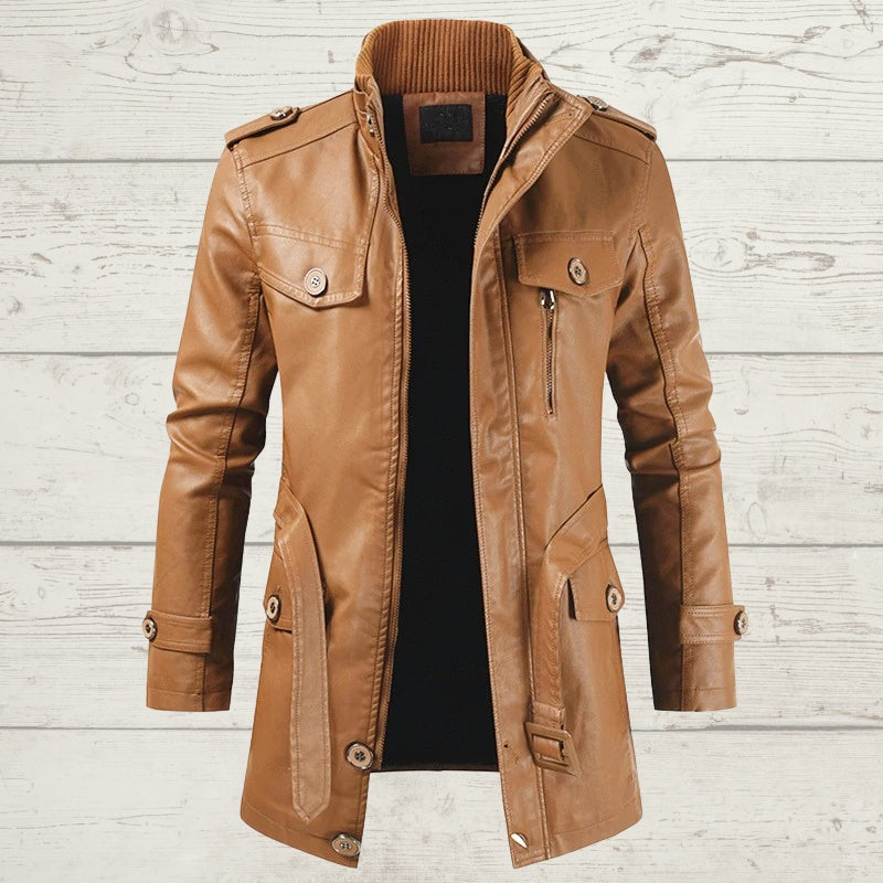 Men's Plus Velvet Casual Stand Collar Leather Trench Coat