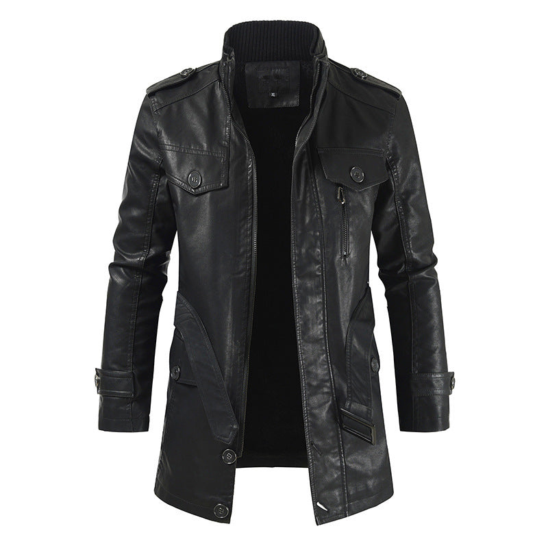 Men's Plus Velvet Casual Stand Collar Leather Trench Coat