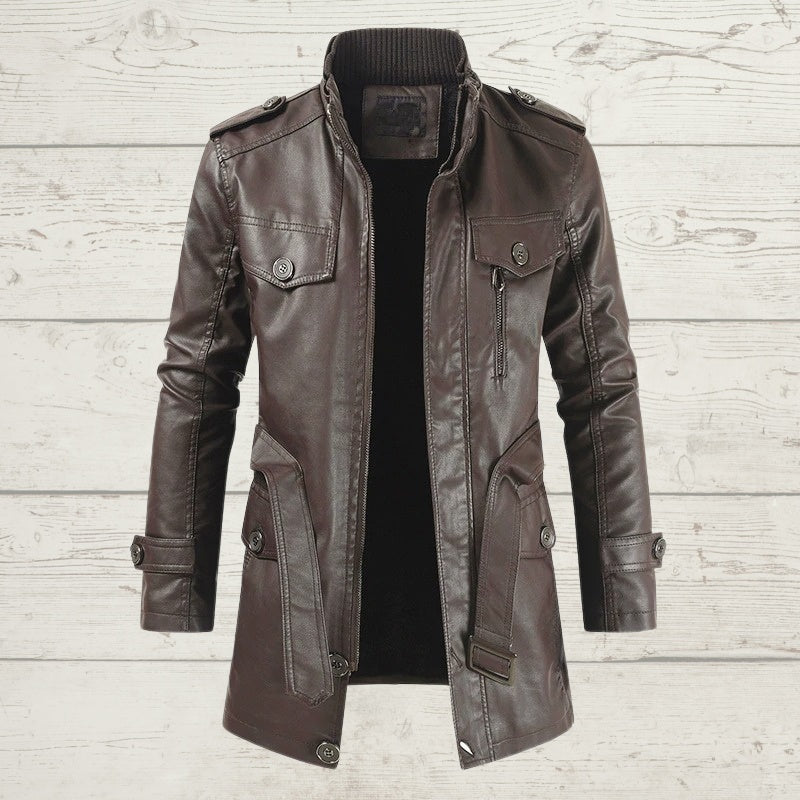 Men's Plus Velvet Casual Stand Collar Leather Trench Coat