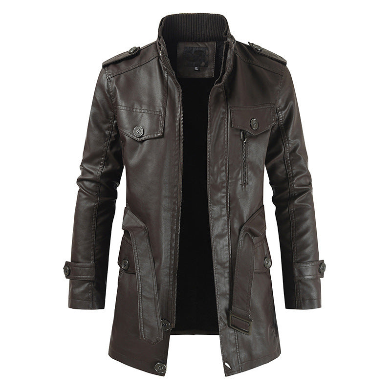 Men's Plus Velvet Casual Stand Collar Leather Trench Coat