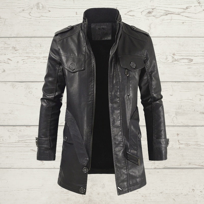 Men's Plus Velvet Casual Stand Collar Leather Trench Coat